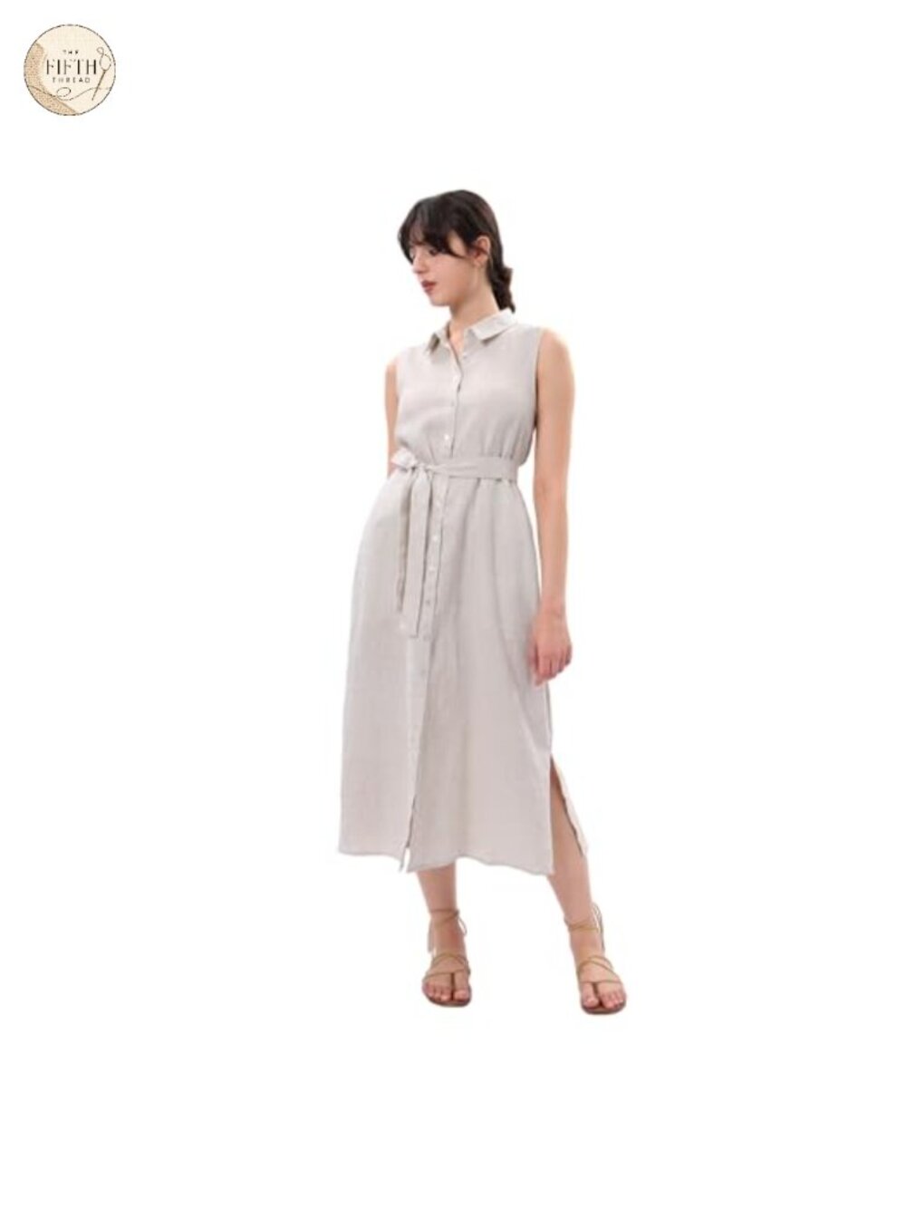 Pure Linen Sleeveless Button Down Midi Dress with Belt